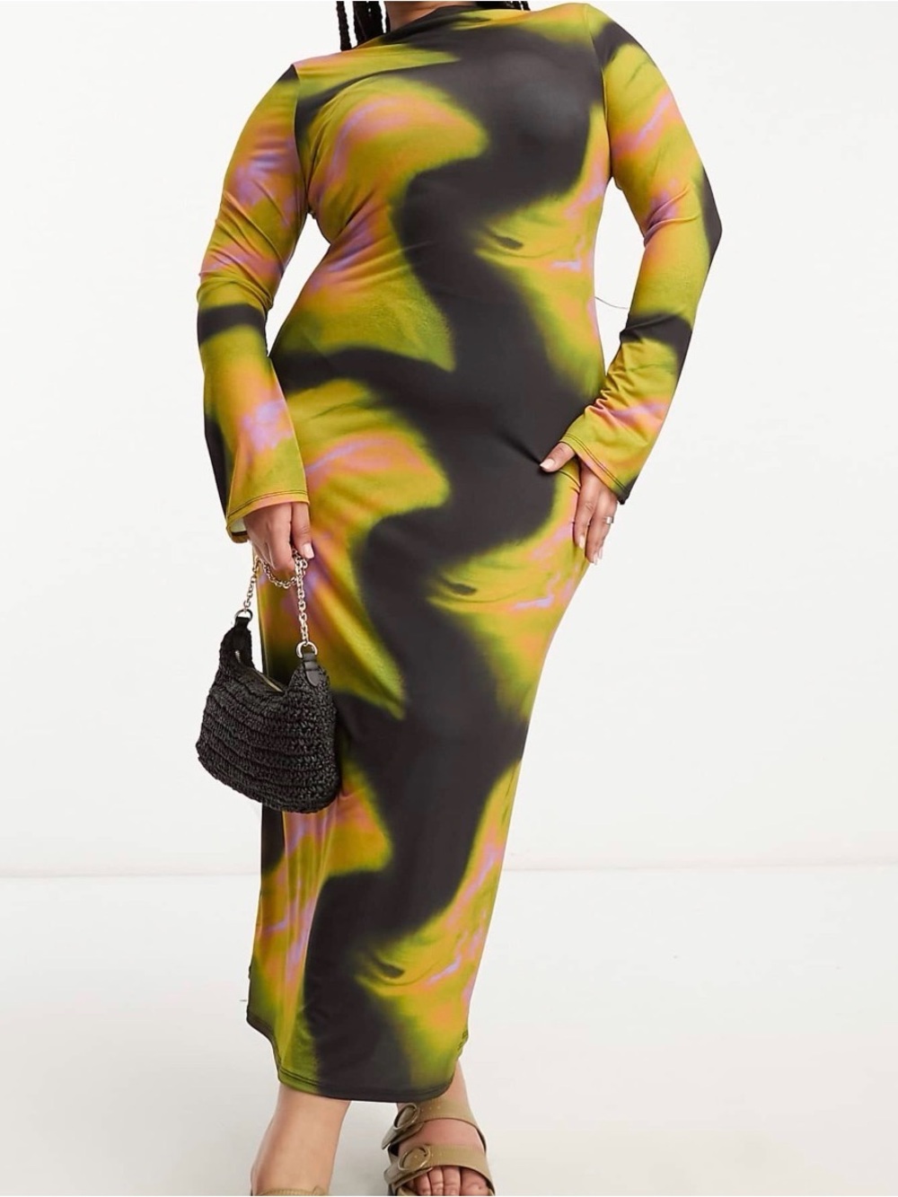 COLLUSION Plus abstract print long sleeve maxi dress in multi